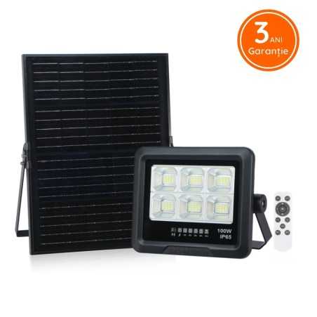 Lampa LED 100W Cu Panou Solar Monocristaline 6500K Si Telecomanda